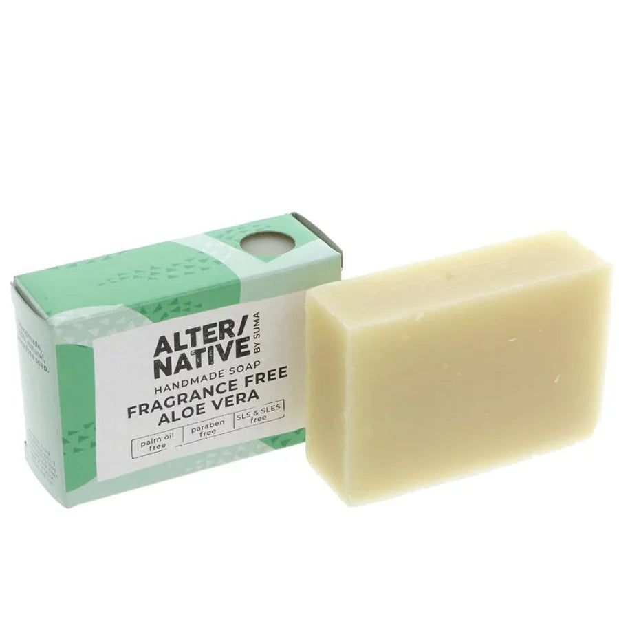 A Bar of ALTER/NATIVE Fragrance Free Aloe Vera soap next to it's box
