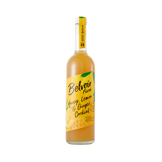 Bottle of Belvoir Farm Honey, Lemon & Ginger Cordial on a white background