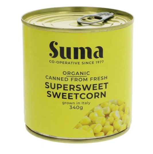 Can of Suma organic supersweet sweetcorn on a white background