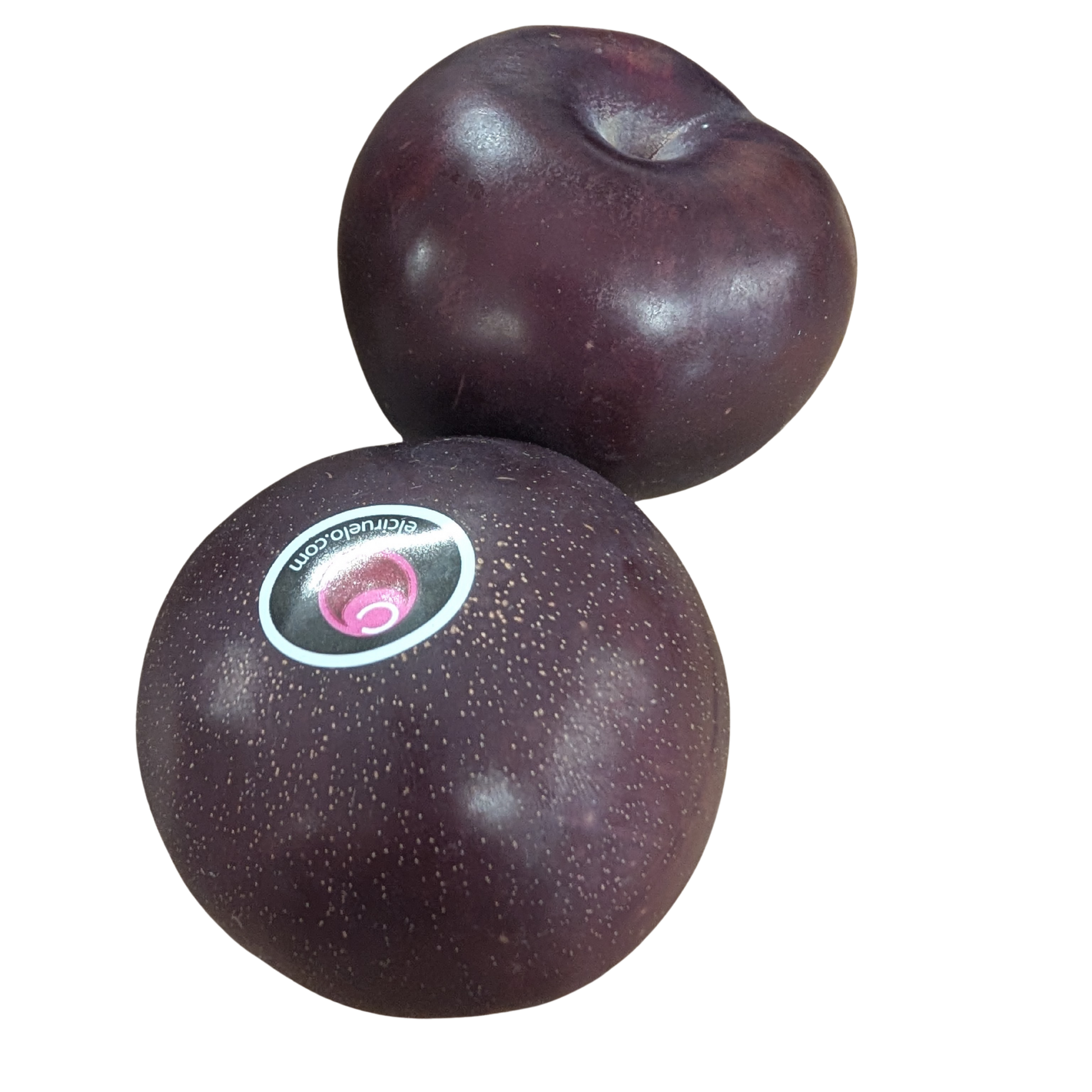 Two plums with a brand label on a white background