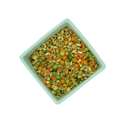 Square white bowl filled with a mix of lentils split peas and barley