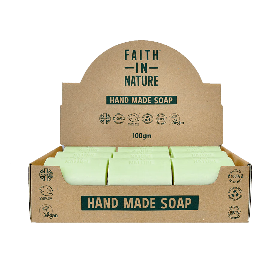 Box of Faith in Nature hand made soap on a white background