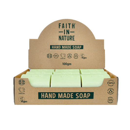 Box of Faith in Nature hand made soap on a white background