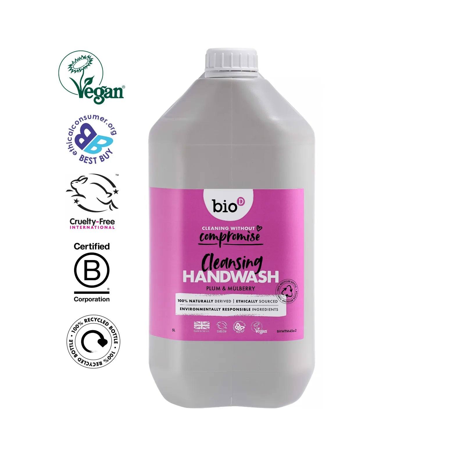 5 ltr Bottle of cleansing Bio Dhandwash with pink label on a white background