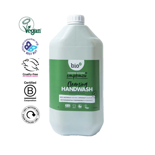 Large bottle of cleansing bio d handwash with various certification logos on a white background