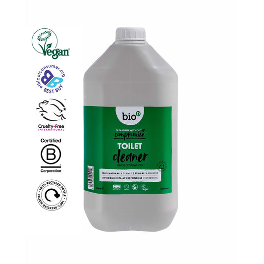 Bottle of bio d toilet cleaner with multiple certification logos on a white background