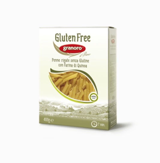 white box with granoro filled with tube pasta