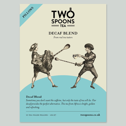 Two Spoons Tea decaf blend packaging with illustration of two people fencing.