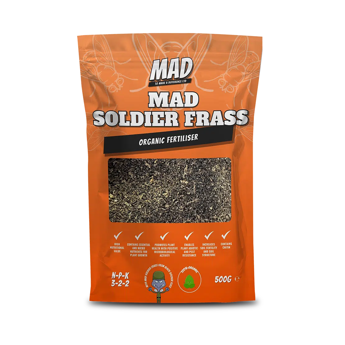 Orange package of Mad Soldier Frass organic fertilizer on a white background
