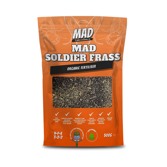 Orange package of Mad Soldier Frass organic fertilizer on a white background