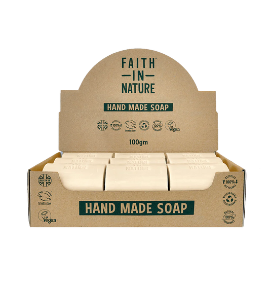Box of Faith in Nature hand made soap on a white background