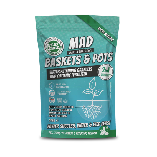 Package of MAD Baskets & Pots with green and blue design on a white background