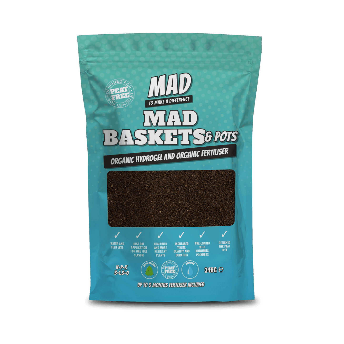 Blue package of MAD Baskets & Pots organic hydrogel and fertilizer on a green background