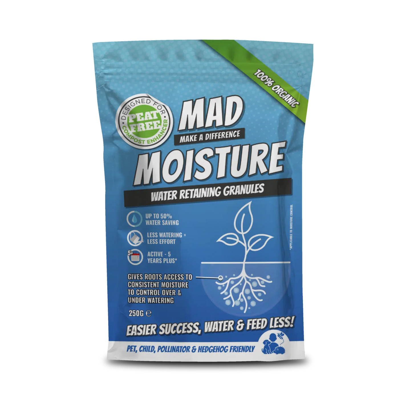 Blue package of MAD Moisture water retaining granules on a white background