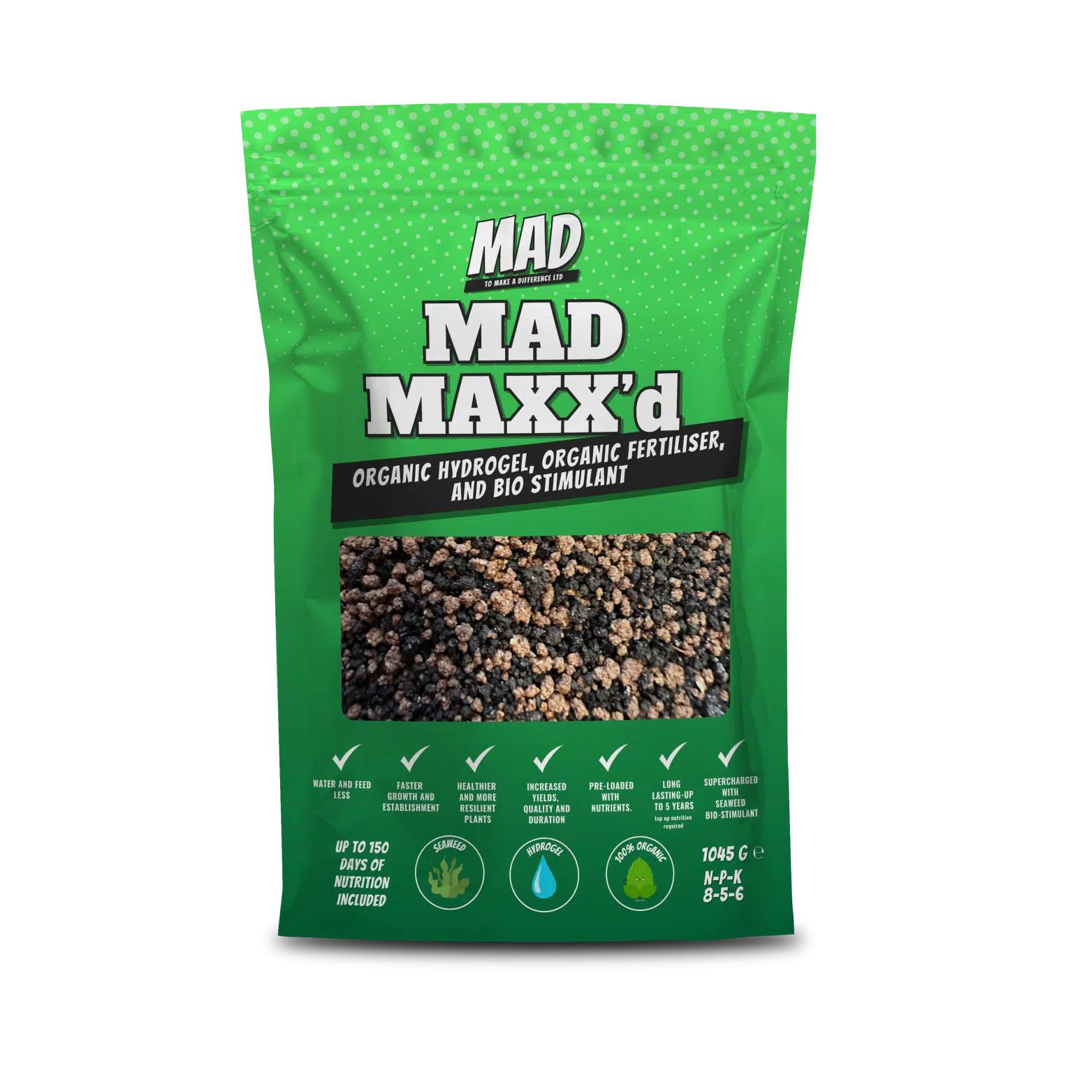 Green package of MAD MAXX'd organic hydrogel fertilizer on a white background