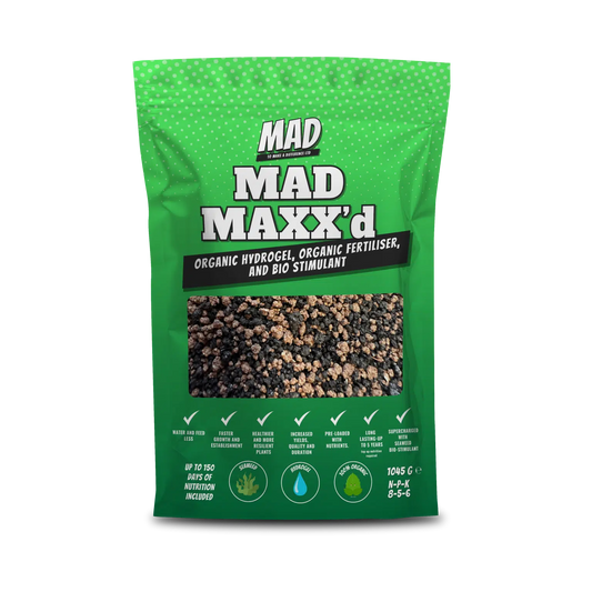 Green package of MAD MAXX'd organic hydrogel fertilizer on a white background