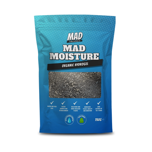 Blue package of MAD Moisture organic hydrogel on a white background