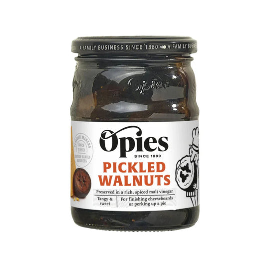 Jar of Opies Pickled Walnuts on a white background