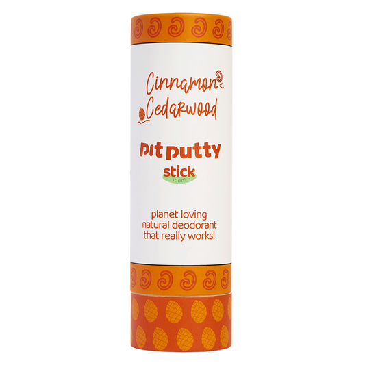 Cinnamon Cedarwood Pit Putty stick deodorant on a white background
