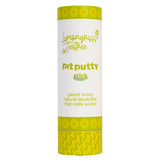 Pit putty stick packaging with lemongrass tea treee branding on a white background