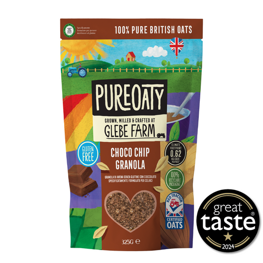 Pureoaty Choco Chip Granola packaging with a scenic design and Great Taste award badge.