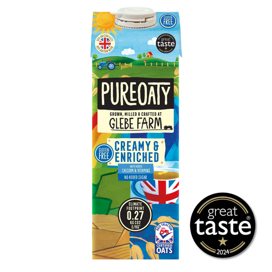 Pureoaty oat milk carton with branding and certification logos on a white background