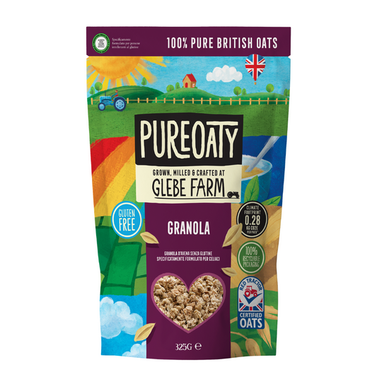 Pureoaty granola packaging with a colorful farm scene on the label