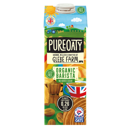 Pureoaty Organic Barista oat milk carton with branding and certification logos on a white background