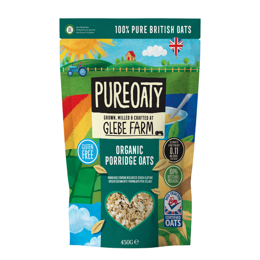 Package of PureOaty organic porridge oats with a scenic design on the label.