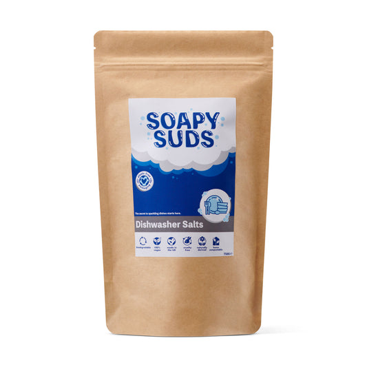 Kraft paper packaging of Soapy Suds Dishwasher Salts on a white background
