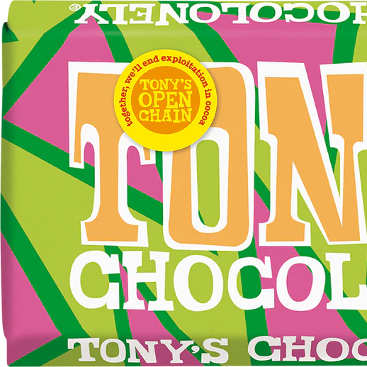 Tony's Chocolonely chocolate bar packaging with colorful design