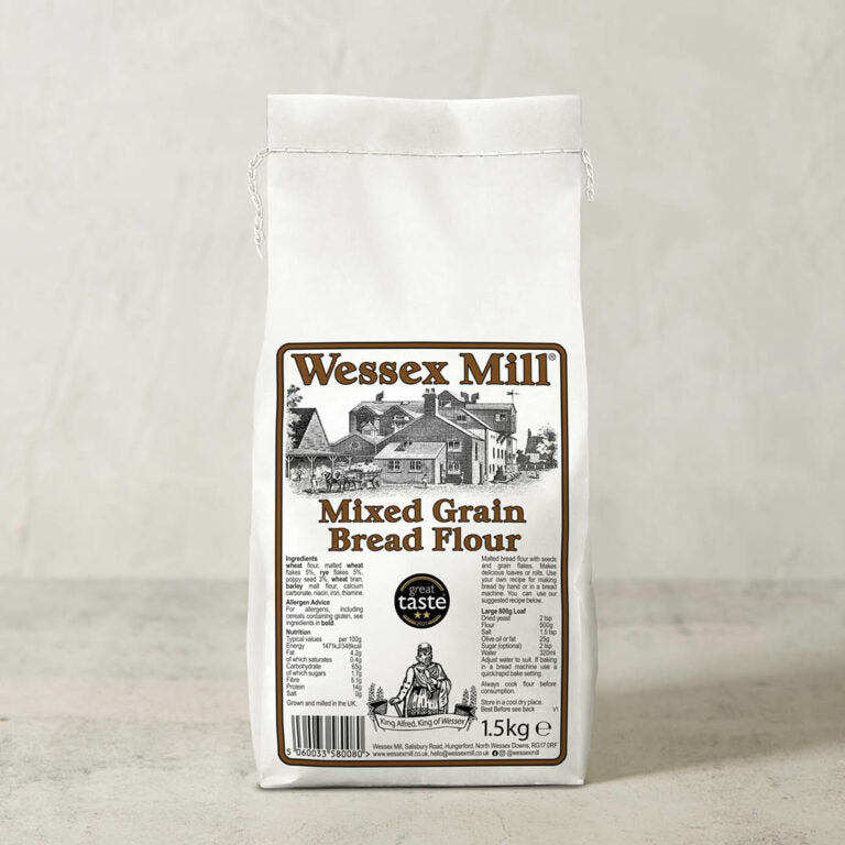 Wessex Mill Mixed Grain Bread Flour package on a light gray background