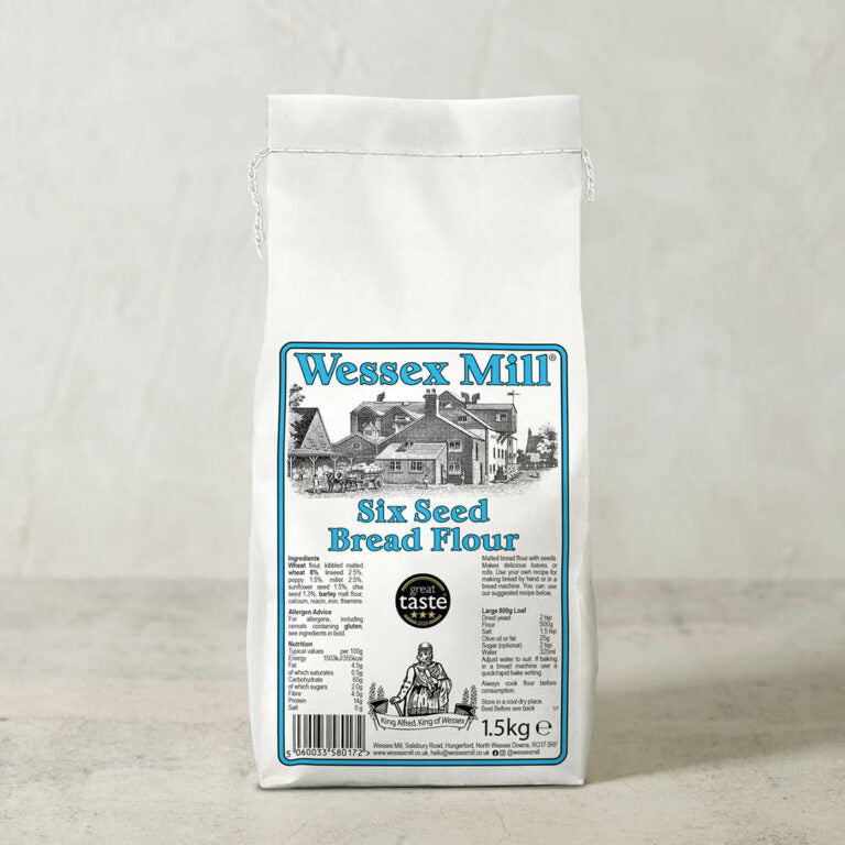 Wessex Mill Six Seed Bread Flour package on a light gray background