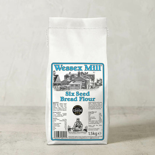 Wessex Mill Six Seed Bread Flour package on a light gray background