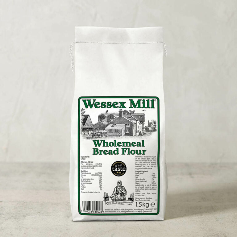 Bag of Wessex Mill wholemeal bread flour on a light gray background