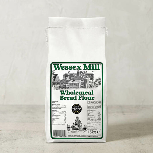 Bag of Wessex Mill wholemeal bread flour on a light gray background