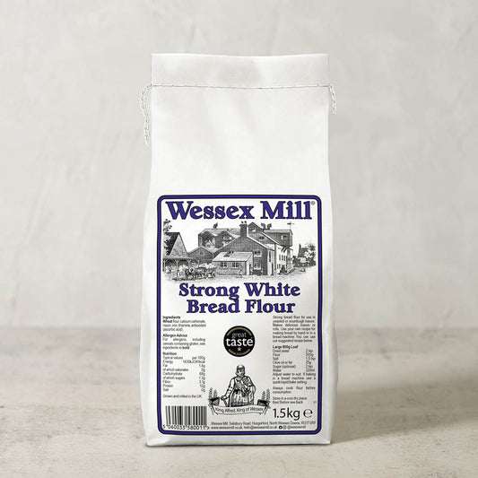 Bag of Wessex Mill Strong White Bread Flour on a light gray background