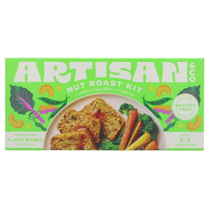 Artisan 200 Nut Roast Kit box, featuring a bright green packaging design with white lettering and an illustration of a prepared plant-based meal with nuts, vegetables, and fruit.