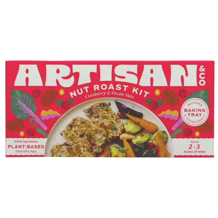 Artisan Nut Roast Kit box featuring cranberry and pecan nuts, with a red background and an illustration of roasted meat and vegetables on a plate.