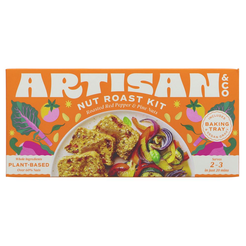 Artisan Nut Roast Kit box on a white background, featuring orange packaging with illustrations of vegetables and a photo of roasted red pepper and nut mixture.