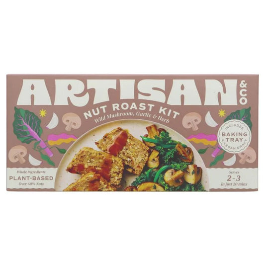 Artisan & Co Nut Roast Kit box, featuring a brown background with white lettering and an illustration of cooked mushrooms, greens, and a plate of roasted nuts on the front.