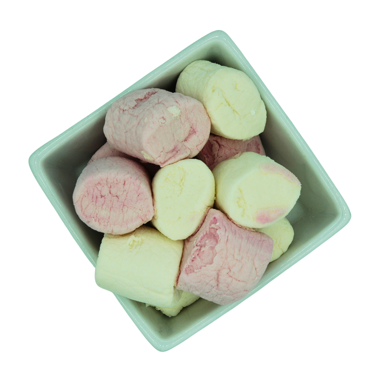 white bowl filled with pink and white vegan marshmallows on a white background