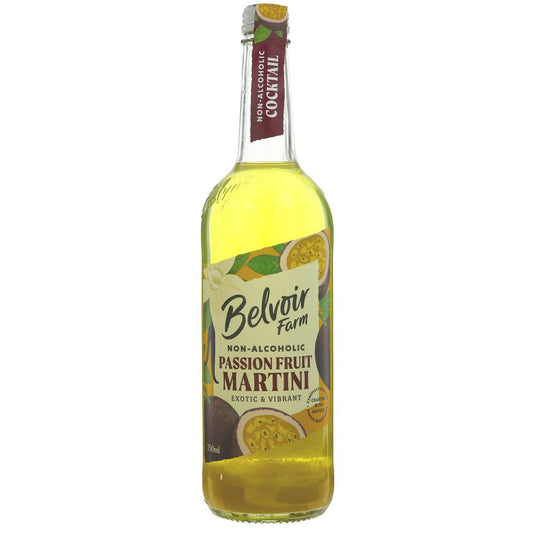 Bottle of Belvoir Farm non-alcoholic passion fruit martini on a white background