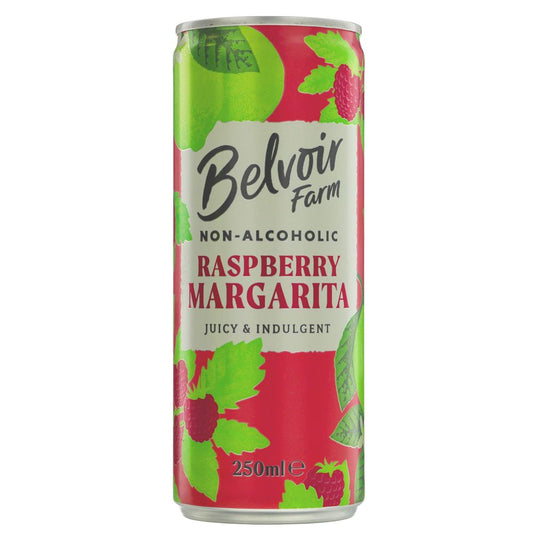 Can of Belvoir Farm non-alcoholic raspberry margarita on a white background