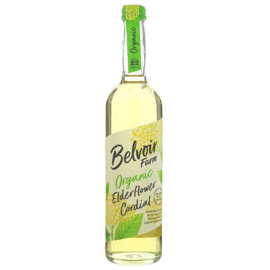 Bottle of Belvoir Farm Organic Elderflower Cordial on a white background