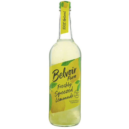 Bottle of Belvoir Farm lemonade on a white background