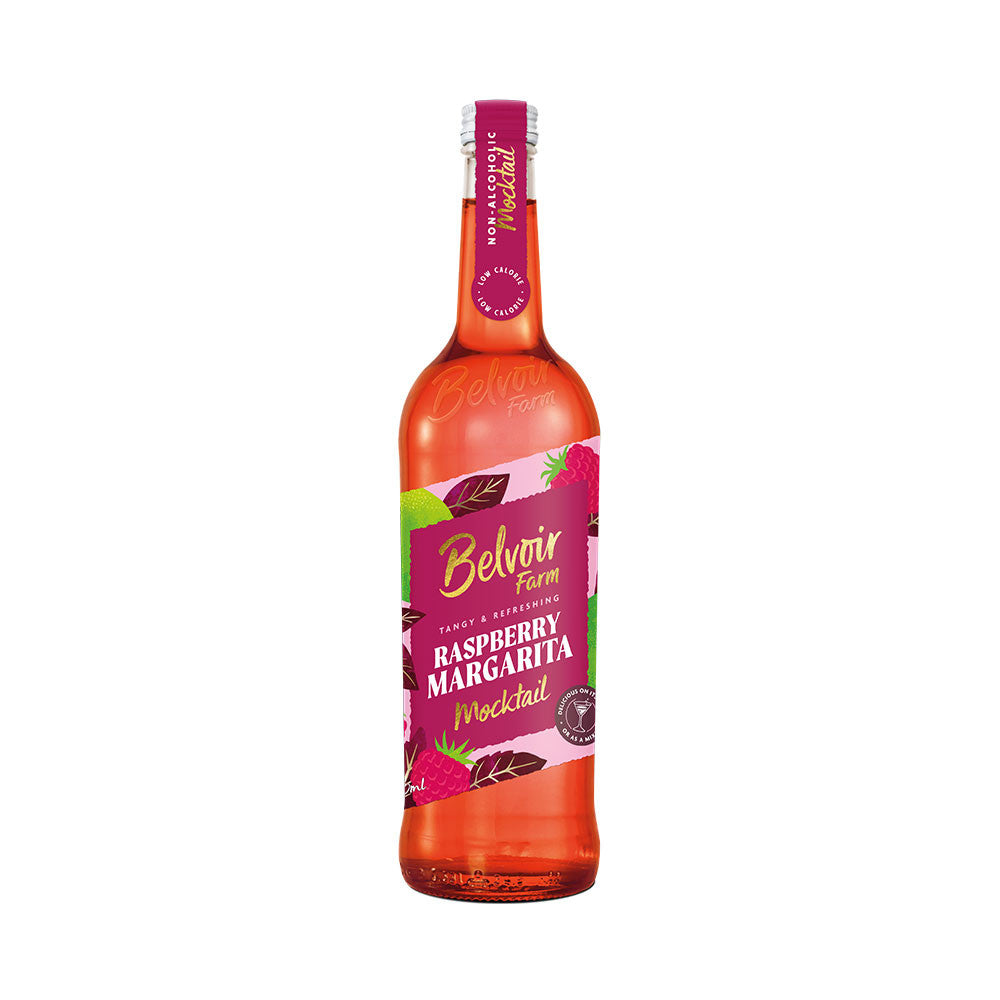 Bottle of Belvoir Farm Raspberry Margarita Mocktail on a white background