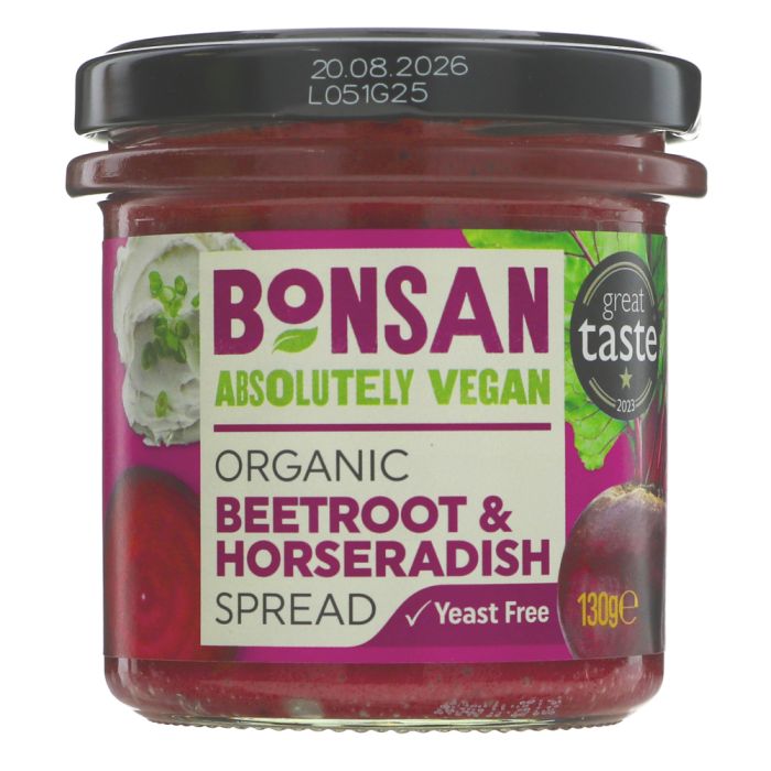 A jar of Bonsan Absolutely Vegan Organic Beetroot & Horseradish Spread, 130g, featuring a black lid and a colorful label with beetroot and green leaf graphics.