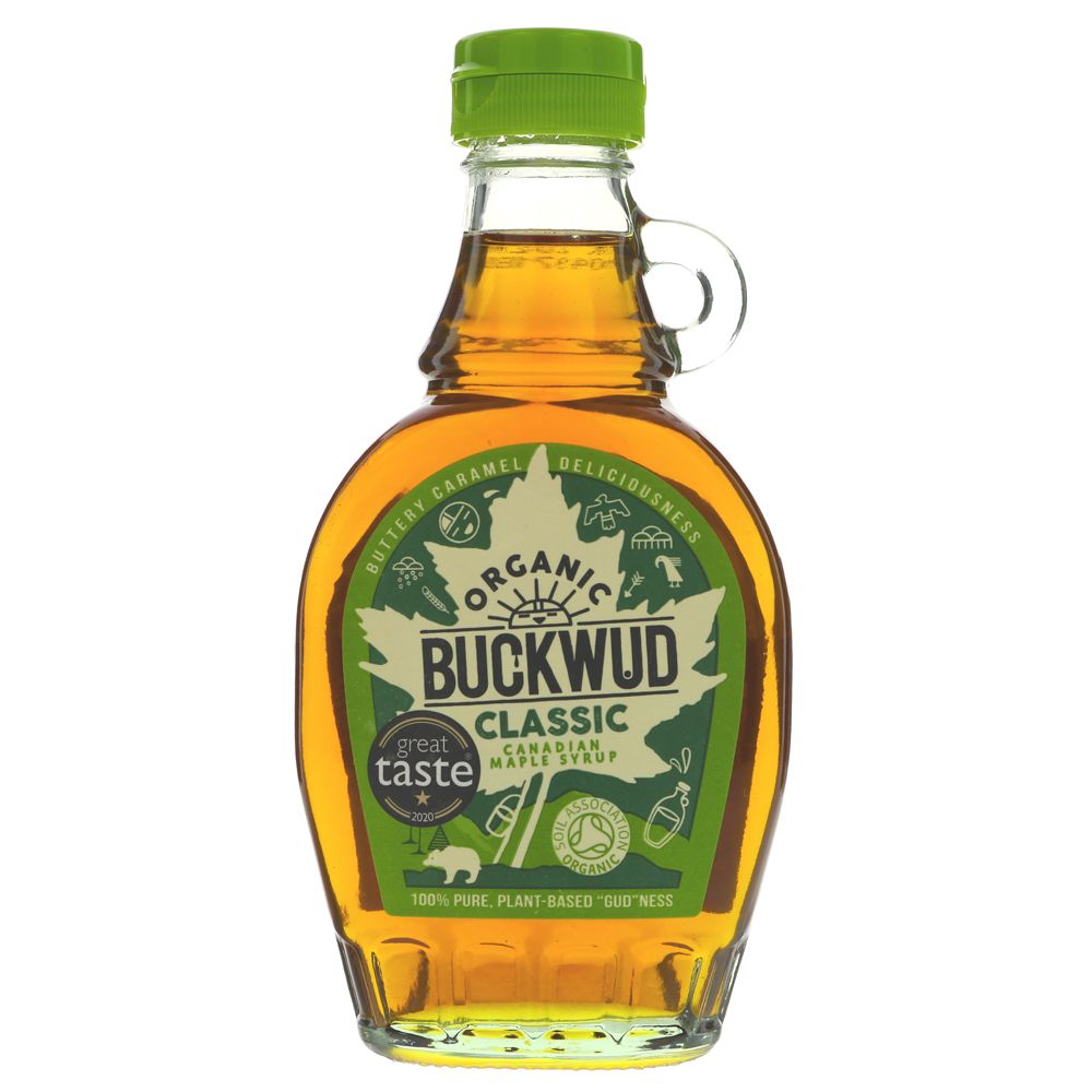 Bottle of Buckwud organic maple syrup with a green cap on a white background