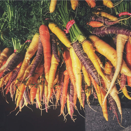 Assorted colorful carrots on a dark surface